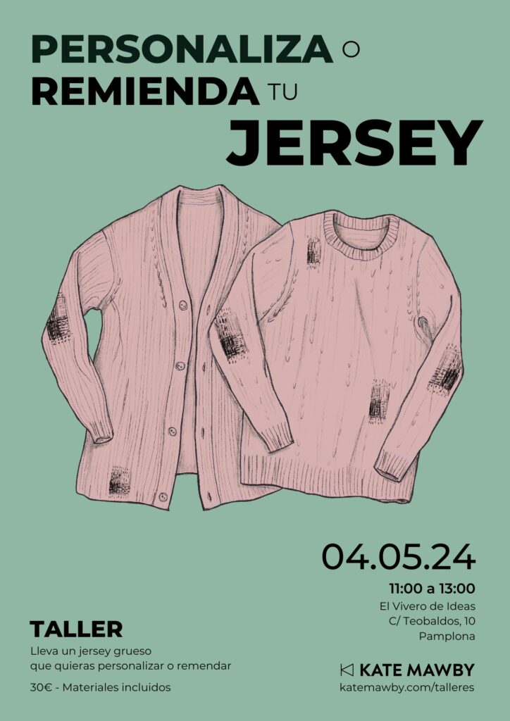 Poster for a workshop with Kate Mawby: Personaliza o Remienda tu Jersey